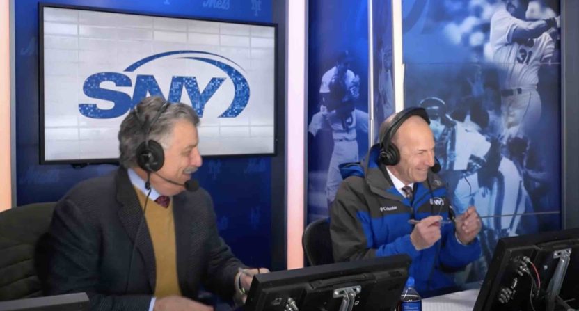 Keith Hernandez and Gary Cohen in a broadcast booth.