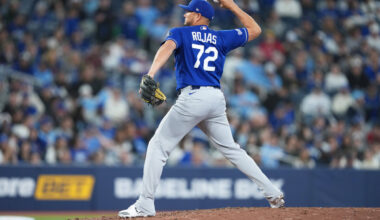 Apr 6, 2026; Toronto, Ontario, CAN; Los Angeles Dodgers infielder Miguel Rojas (72) throws a pitch against the Toronto Blue Jays at during the ninth inning at Rogers Centre. Mandatory Credit: Nick Turchiaro-Imagn Images