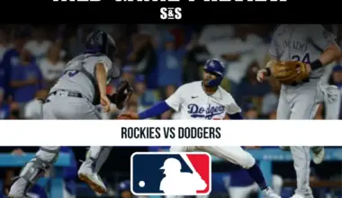 MLB game preview featuring Rockies vs Dodgers with players in action and MLB logo, promoting latest sports scores, picks, stats, and analysis.