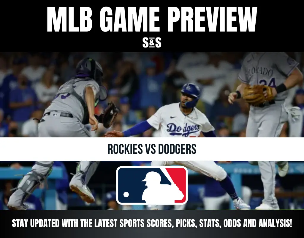 MLB game preview featuring Rockies vs Dodgers with players in action and MLB logo, promoting latest sports scores, picks, stats, and analysis.