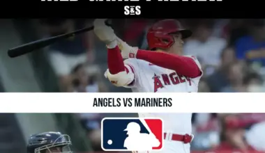 MLB Game Preview featuring Angels vs Mariners, with an image of a player swinging a bat.