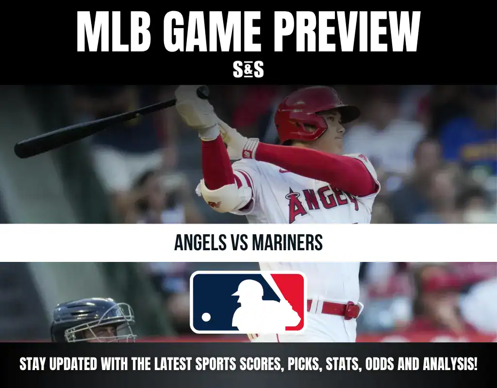 MLB Game Preview featuring Angels vs Mariners, with an image of a player swinging a bat.