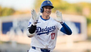 Los Angeles Dodgers designated hitter Shohei Ohtani celebrates his solo-home run during the first inning of a baseball game against the Texas Rangers, Wednesday, June 12, 2024, in Los Angeles.