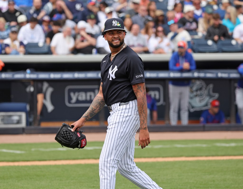 New York Yankees pitcher Luis Gil walking off the mound.