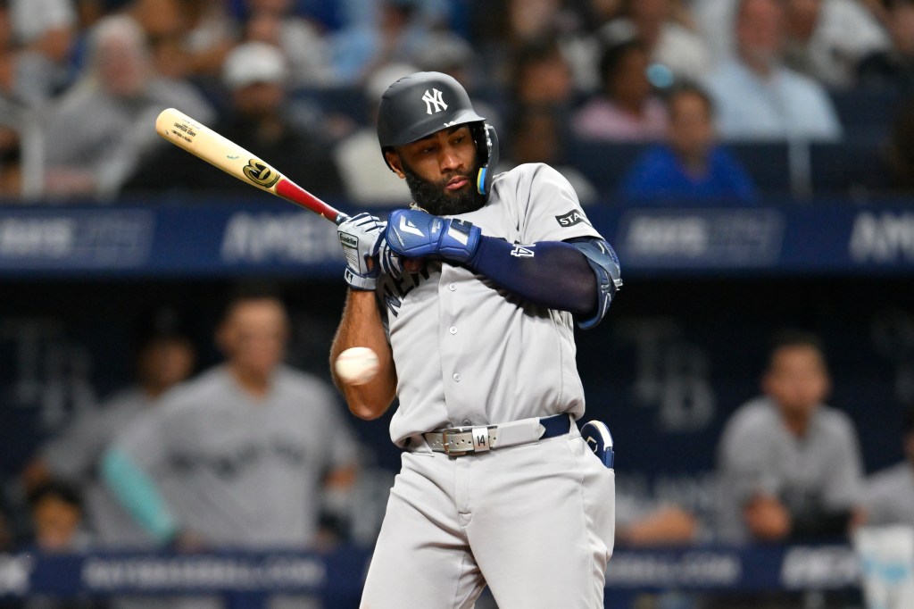 New York Yankees infielder Amed Rosario (14) reacts to a pitch during the sixth inning against Tampa Bay Rays.