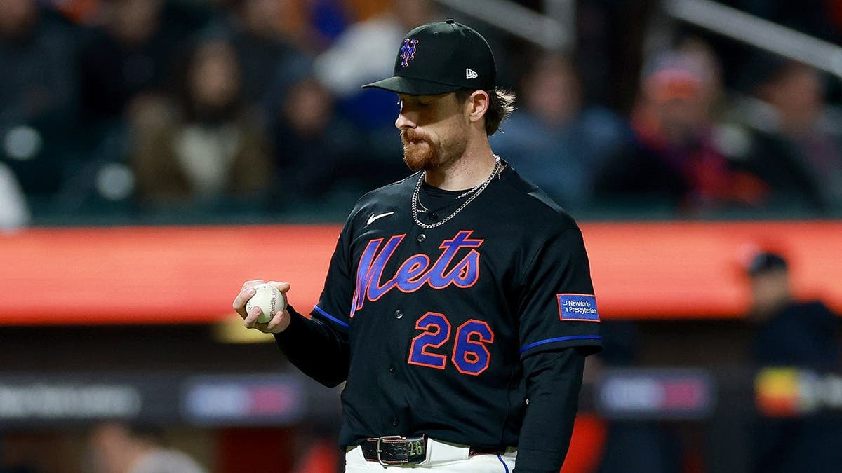 Nolan McLean of the New York Mets reacting during a baseball game at Citi Field