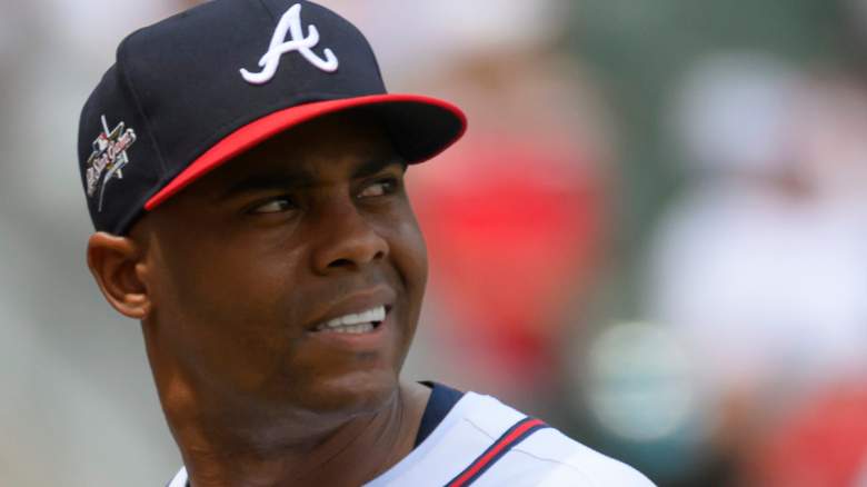 Raisel Iglesias of the Atlanta Braves looks on during a game as team provides injury update before Nationals matchup