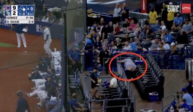 Rays fan accidentally showing full moon trying to catch a Cubs foul ball