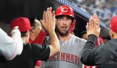 Cincinnati Reds' Tyler Stephenson (37) is congratulated in the dugout after scoring on a a double hit by Matt McLain during the 10th inning of a baseball game against the Miami Marlins, Tuesday, April 7, 2026, in Miami. (AP Photo/Lynne Sladky)