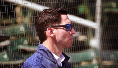Red Sox chief baseball officer Craig Breslow watches Boston Red Sox starting pitcher Garrett Crochet, not pictured, throw live batting practice. Boston Red Sox Spring Training at Jet Blue Park in Fort Myers, FL.