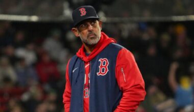 Boston Red Sox Manager Alex Cora during the 6th inning). The Boston Red Sox host the Milwaukee Brewers on Tuesday, April 7, 2026 at Fenway Park in Boston, MA.