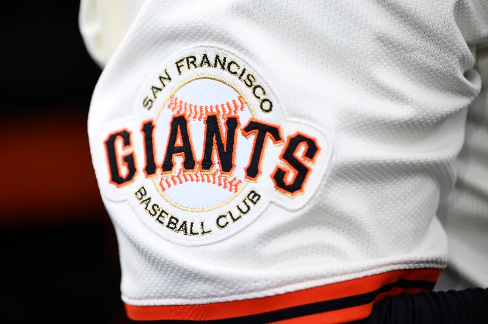 The San Francisco Giants logo is seen on the shirt of Willy Adames #2  before their game against the Cincinnati Reds at Oracle Park on April 07, 2025 in San Francisco, California. 