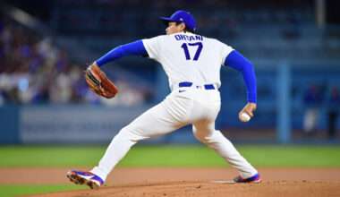 Mar 31, 2026; Los Angeles, California, USA; Los Angeles Dodgers two-way player Shohei Ohtani (17) throws to the plate during the first inning against the Cleveland Guardians at Dodger Stadium. Mandatory Credit: Gary A. Vasquez-Imagn Images
