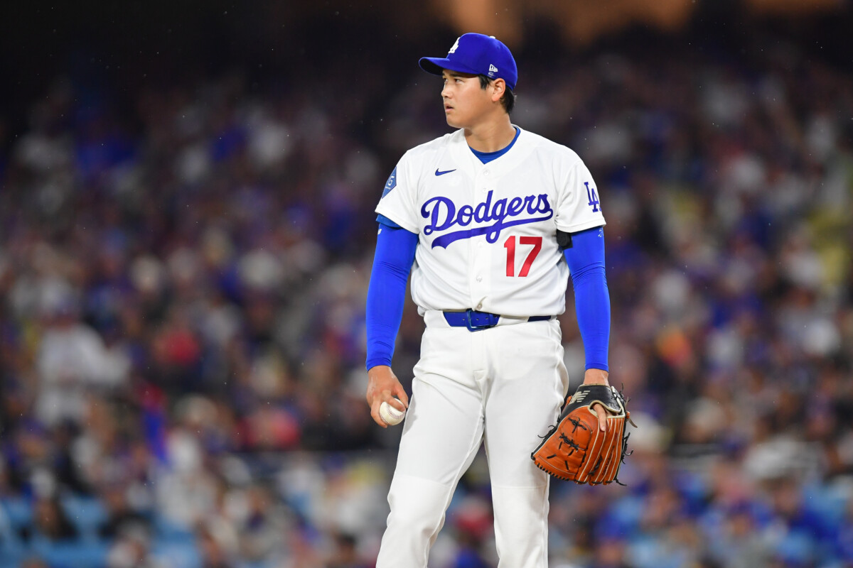 Mar 31, 2026; Los Angeles, California, USA; Los Angeles Dodgers two-way player Shohei Ohtani (17) looks out at the scoreboard during a challenge of a ball/strike call in the third inning against the Cleveland Guardians at Dodger Stadium. Mandatory Credit: Gary A. Vasquez-Imagn Images