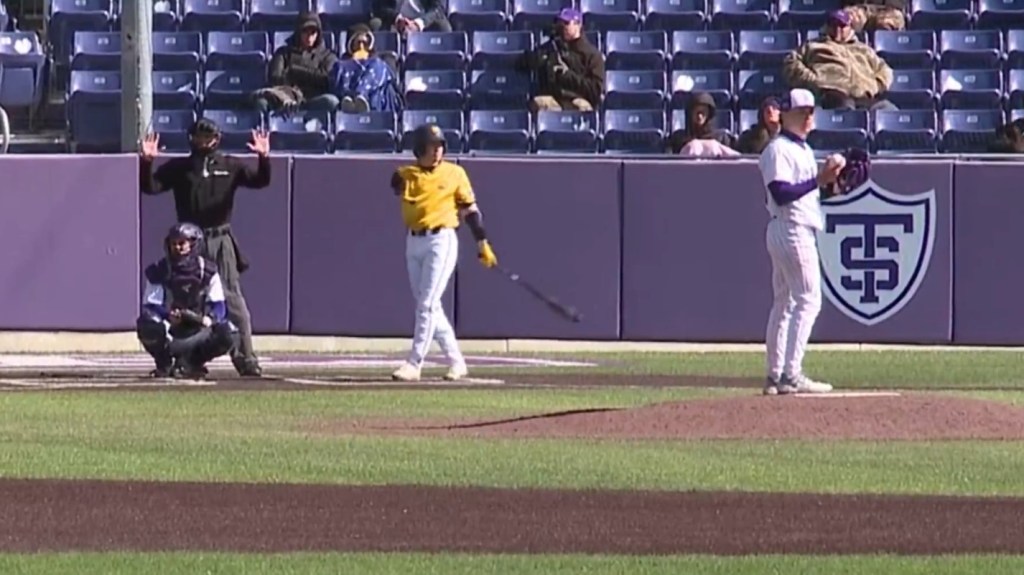 St. Thomas pitcher Nolan Kemp (r.) is called for a walk-off balk in the 21st inning, giving Northern Colorado an 8-7 win on April 18, 2026.