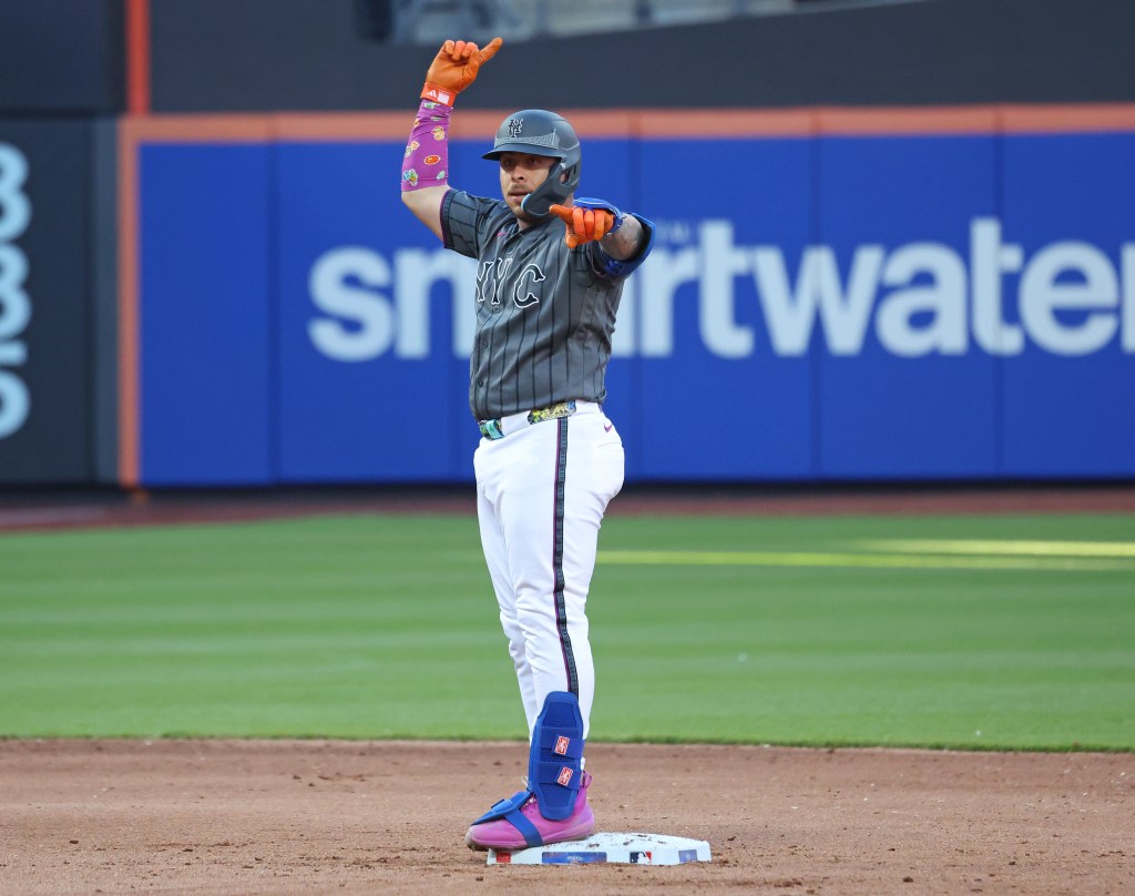 Mets catcher Francisco Alvarez (4) stands on second base but his blast was ruled a home run during the sixth inning when the New York Mets played the Athletics Saturday, April 11, 2026 at Citi Field in Queens, NY. 