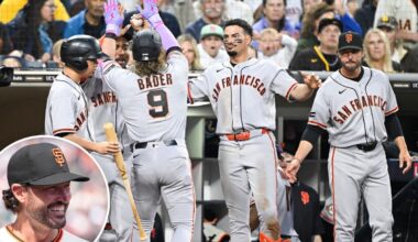 Giants Tony Vitello celebrates first MLB win with beer shower