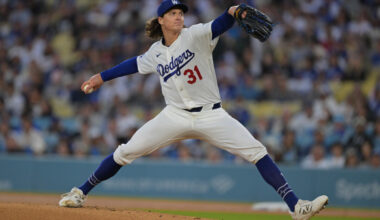 Apr 10, 2026; Los Angeles, California, USA; Los Angeles Dodgers pitcher Tyler Glasnow (31) throws to the plate during the first inning against the Texas Rangers at Dodger Stadium. Mandatory Credit: Jayne Kamin-Oncea-Imagn Images