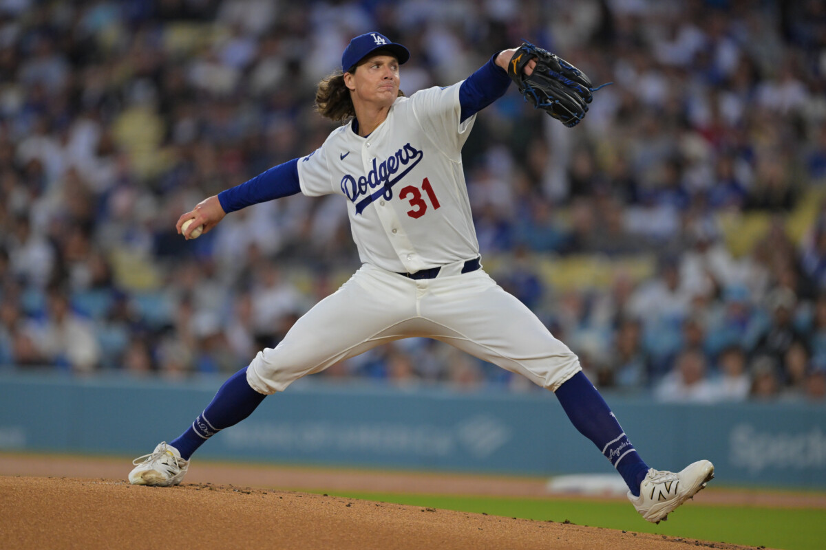 Apr 10, 2026; Los Angeles, California, USA; Los Angeles Dodgers pitcher Tyler Glasnow (31) throws to the plate during the first inning against the Texas Rangers at Dodger Stadium. Mandatory Credit: Jayne Kamin-Oncea-Imagn Images