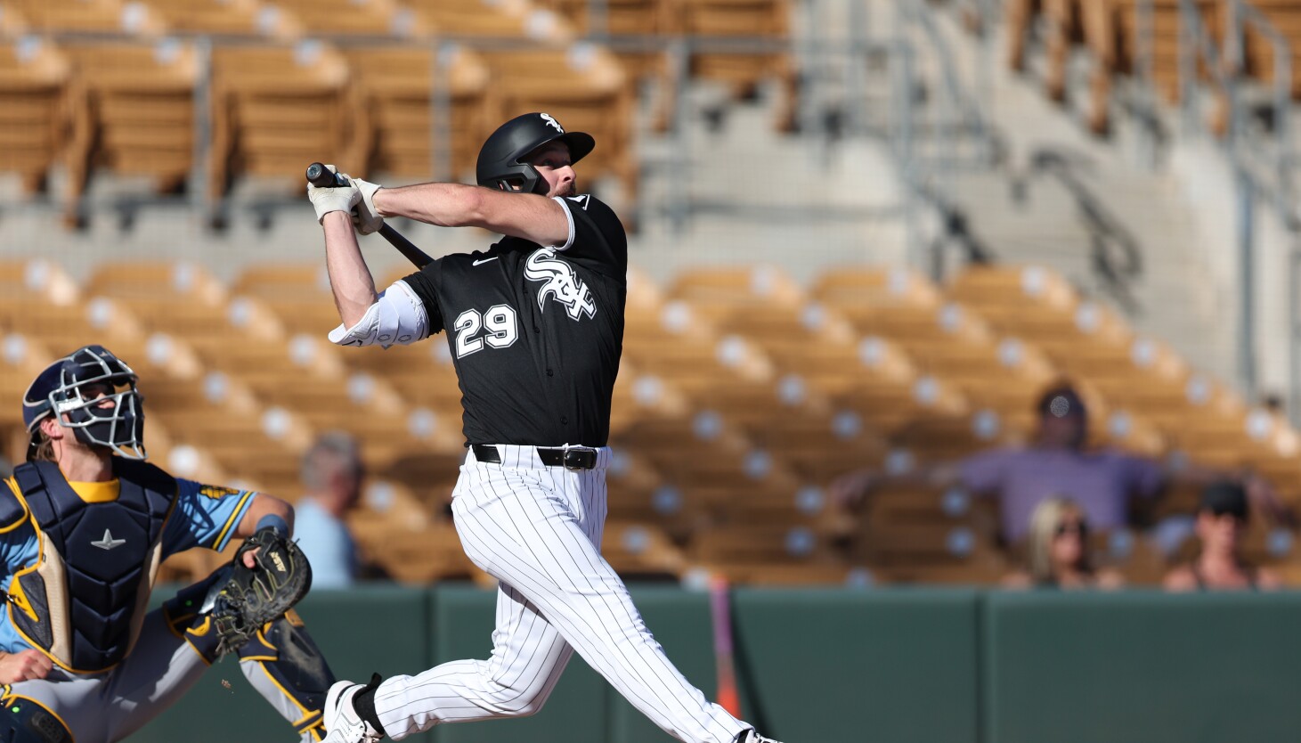 Former Savannah Banana Tristan Peters lining up his shot in White Sox outfield