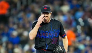 Apr 24, 2026; Toronto, Ontario, CAN; Toronto Blue Jays pitcher Max Scherzer (31) touches his head during the first inning against the Cleveland Guardians at Rogers Centre. Mandatory Credit: Kevin Sousa-Imagn Images