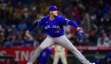 Apr 21, 2026; Anaheim, California, USA; Toronto Blue Jays pitcher Jeff Hoffman (23) throws against the Los Angeles Angels during the ninth inning at Angel Stadium. Mandatory Credit: Gary A. Vasquez-Imagn Images