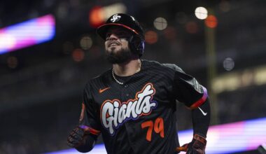 May 5, 2026; San Francisco, California, USA; San Francisco Giants catcher Jesus Rodriguez (79) looks on during the seventh inning against the San Diego Padres at Oracle Park. Mandatory Credit: Stan Szeto-Imagn Images