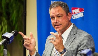Nov 3, 2022; Kansas City, Missouri, USA; Kansas City Royals general manager J.J. Picollo talks with media during a press conference at Kauffman Stadium. Mandatory Credit: Jay Biggerstaff-Imagn Images