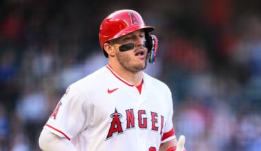 May 15, 2026; Anaheim, California, USA; Los Angeles Angels center fielder Mike Trout (27) runs during the first inning against the Los Angeles Dodgers at Angel Stadium. Mandatory Credit: William Liang-Imagn Images