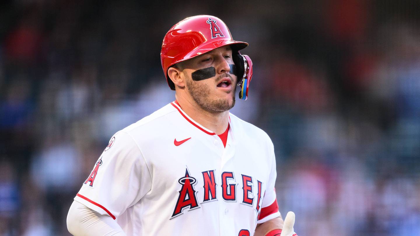 May 15, 2026; Anaheim, California, USA; Los Angeles Angels center fielder Mike Trout (27) runs during the first inning against the Los Angeles Dodgers at Angel Stadium. Mandatory Credit: William Liang-Imagn Images