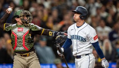 May 15, 2026; Seattle, Washington, USA; Seattle Mariners designated hitter Rob Refsnyder (30) reacts after striking out during the ninth inning against the San Diego Padres at T-Mobile Park. Mandatory Credit: Stephen Brashear-Imagn Images