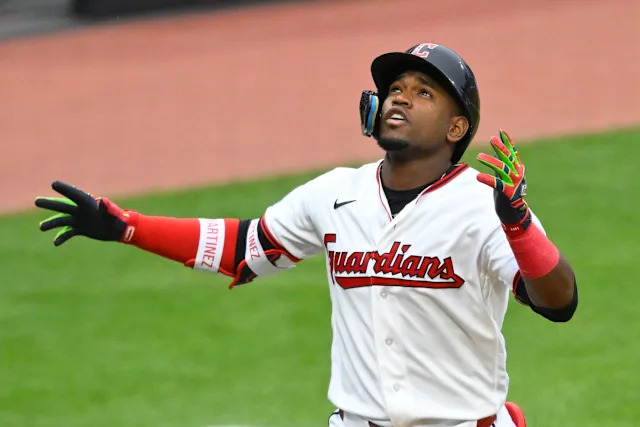 May 12, 2026; Cleveland, Ohio, USA; Cleveland Guardians right fielder Angel Martinez (1) celebrates his solo home run in the third inning against the Los Angeles Angels at Progressive Field. Mandatory Credit: David Richard-Imagn Images