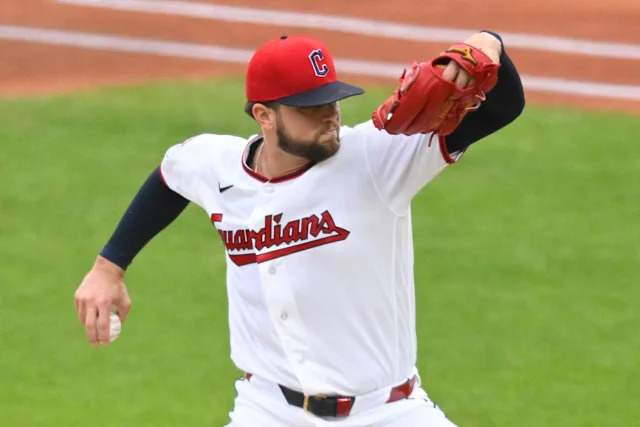 Guardians starting pitcher Slade Cecconi delivers a first-inning pitch against the Los Angeles Angels, May 12, 2026, in Cleveland.