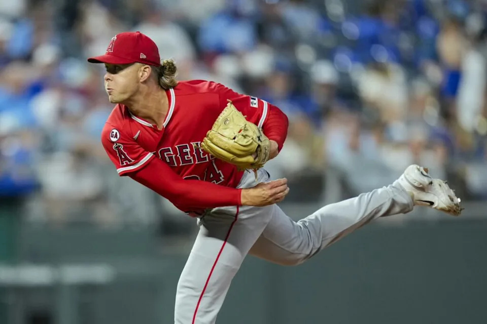 Apr 25, 2026; Kansas City, Missouri, USA; Los Angeles Angels pitcher Shaun Anderson (64) pitches during the seventh inning against the Kansas City Royals at Kauffman Stadium. Mandatory Credit: Jay Biggerstaff-Imagn Images