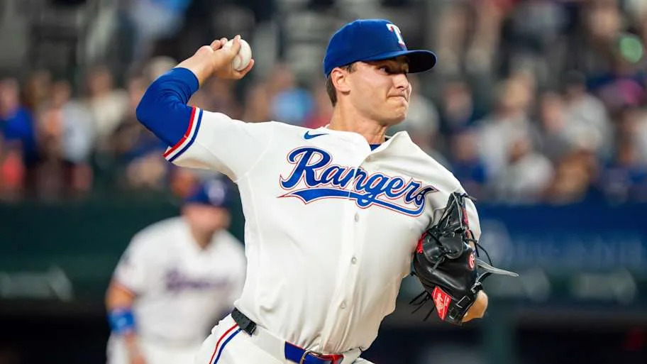 Texas Rangers pitcher Jack Leiter throws to the plate.