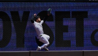 Yanks' Jasson Domínguez sprains shoulder crashing into wall, leading to Spencer Jones call-up