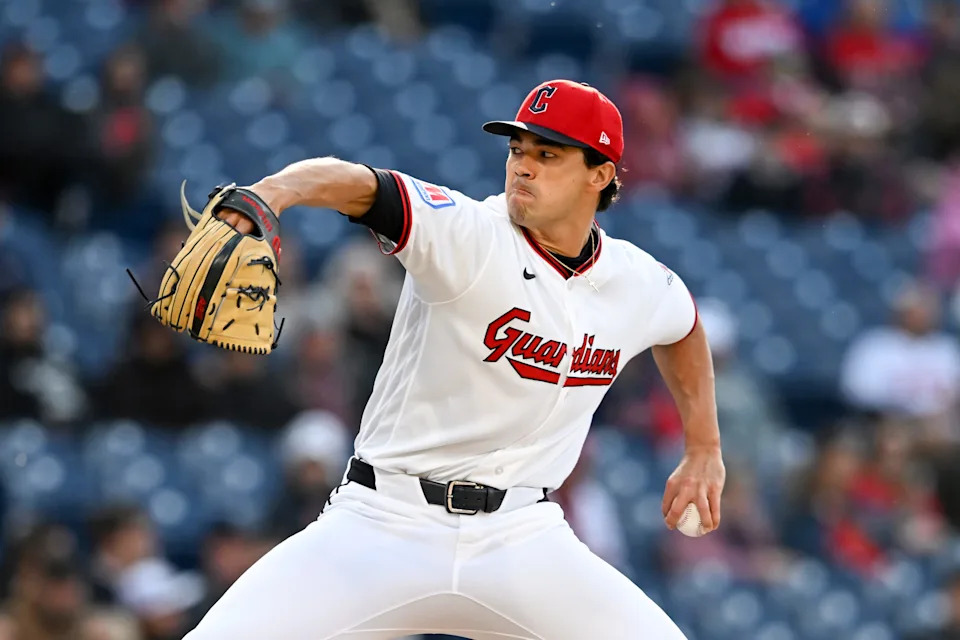 Cleveland Guardians starter Joey Cantillo throws a pitch against the Los Angeles Angels on May 11, 2026, in Cleveland.