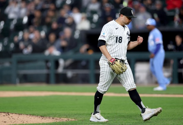 Chicago White Sox starting pitcher Anthony Kay (18) celebrates after shutting down the Kansas City Royals in the fifth inning of a game at Rate Field in Chicago on May 14, 2026. (Chris Sweda/Chicago Tribune)