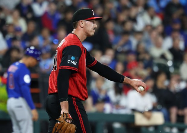 White Sox pitcher Bryan Hudson heads to the mound after loading the bases in the seventh inning against the Cubs on May 15, 2026, at Rate Field. (John J. Kim/Chicago Tribune)
