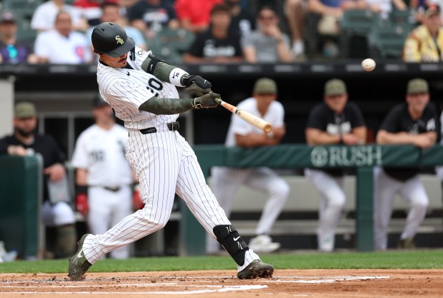 White Sox third baseman Miguel Vargas hits a three-run home run in the first inning against the Cubs on May 16, 2026, at Rate Field. (Chris Sweda/Chicago Tribune)