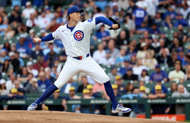 Chicago Cubs starting pitcher Ben Brown (32) delivers to the Milwaukee Brewers in the first inning of a game at Wrigley Field in Chicago on May 19, 2026. (Chris Sweda/Chicago Tribune)