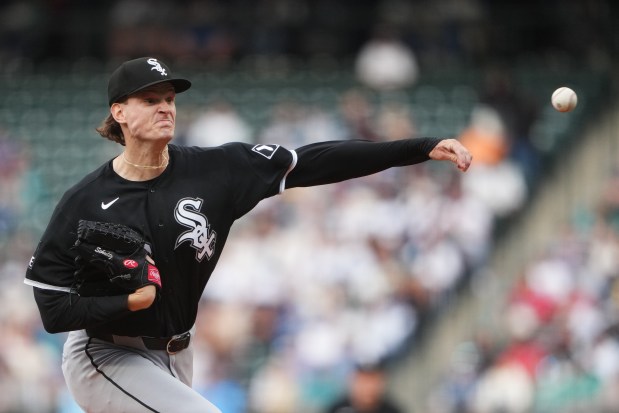 White Sox starting pitcher Noah Schultz throws against the Mariners during the first inning Monday, May 18, 2026, in Seattle. (AP Photo/Lindsey Wasson)