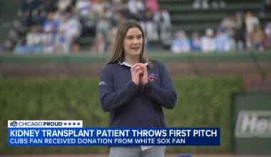 Chicago Cubs fan who got kidney from White Sox fan after viral sign throws out first pitch at Wrigley Field