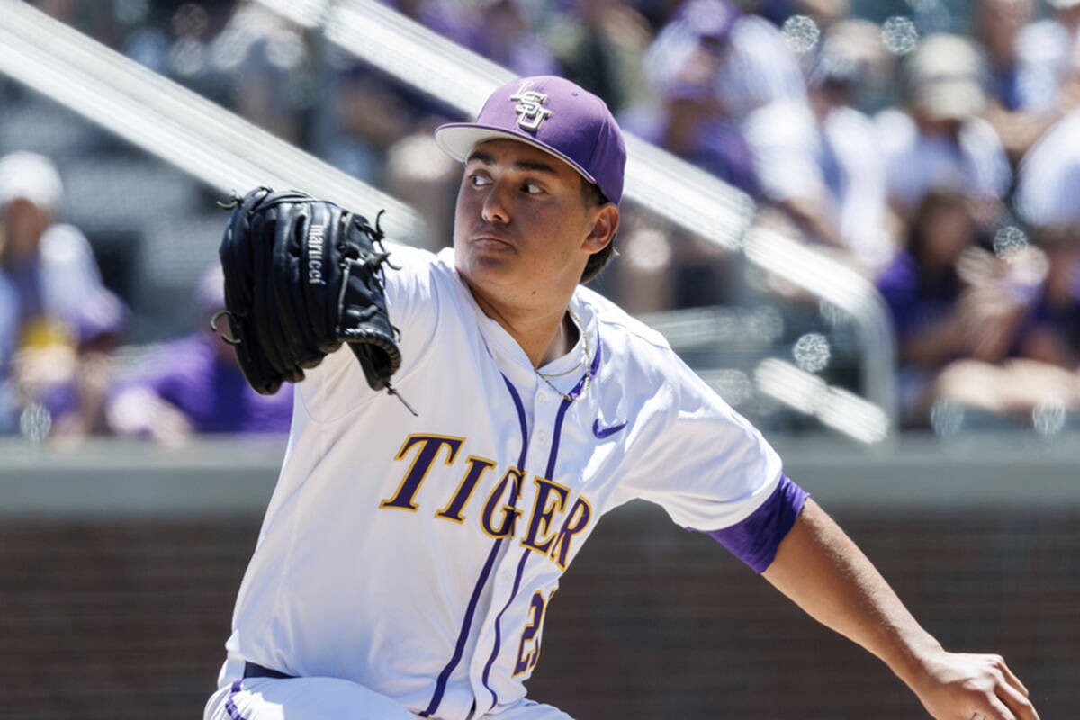 LSU's Gage Jump (23) pitches during an NCAA regional baseball game on Friday, May 31, 2024 ...