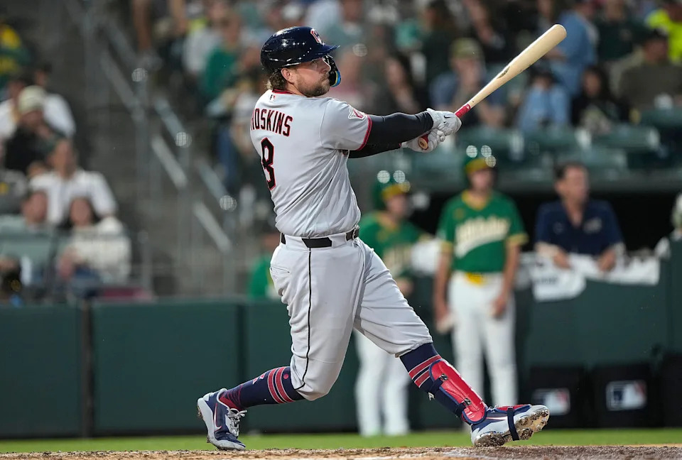 SACRAMENTO, CALIFORNIA - MAY 01: Rhys Hoskins #8 of the Cleveland Guardians hits a bases loaded two-run RBI double against the Athletics in the top of the fifth inning at Sutter Health Park on May 01, 2026 in Sacramento, California. (Photo by Thearon W. Henderson/Getty Images)