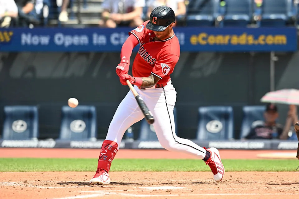 May 17, 2026; Cleveland, Ohio, USA; Cleveland Guardians shortstop Brayan Rocchio (4) hits a home run during the fourth inning against the Cincinnati Reds at Progressive Field. Mandatory Credit: Ken Blaze-Imagn Images