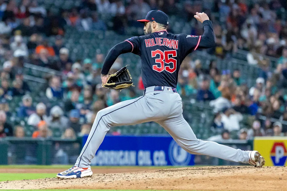 May 20, 2026; Detroit, Michigan, USA; Cleveland Guardians pitcher Colin Holderman (35) delivers during the ninth inning against the Detroit Tigers at Comerica Park. Mandatory Credit: David Reginek-Imagn Images