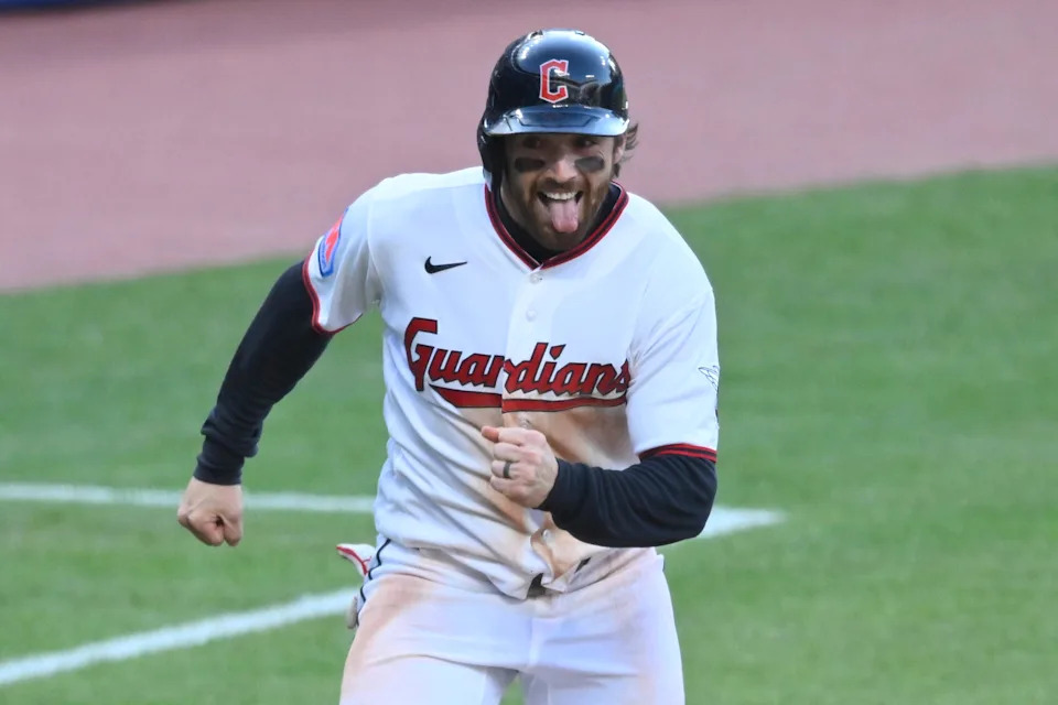 Cleveland Guardians' Daniel Schneemann rounds third base before scoring against the Los Angeles Angels on May 11, 2026, in Cleveland.
