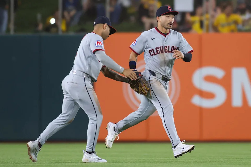 May 1, 2026; West Sacramento, California, USA; Cleveland Guardians center fielder Steven Kwan (right) is congratulated by Cleveland Guardians shortstop Brayan Rocchio (4) after making the catch for an out to end the bottom of the seventh inning against the Athletics at Sutter Health Park. Mandatory Credit: Scott Marshall-Imagn Images&nbsp;