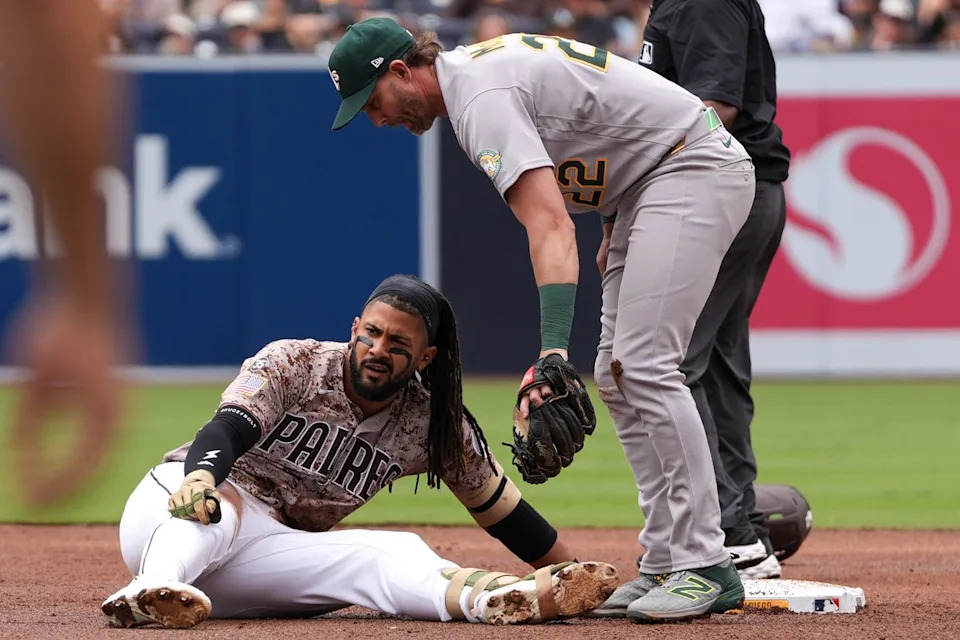 Padres right fielder Fernando Tatis Jr. (23) disappointed after getting out at second base during an MLB baseball game against the Athletics, Sunday May 24, 2026 in San Diego, California.